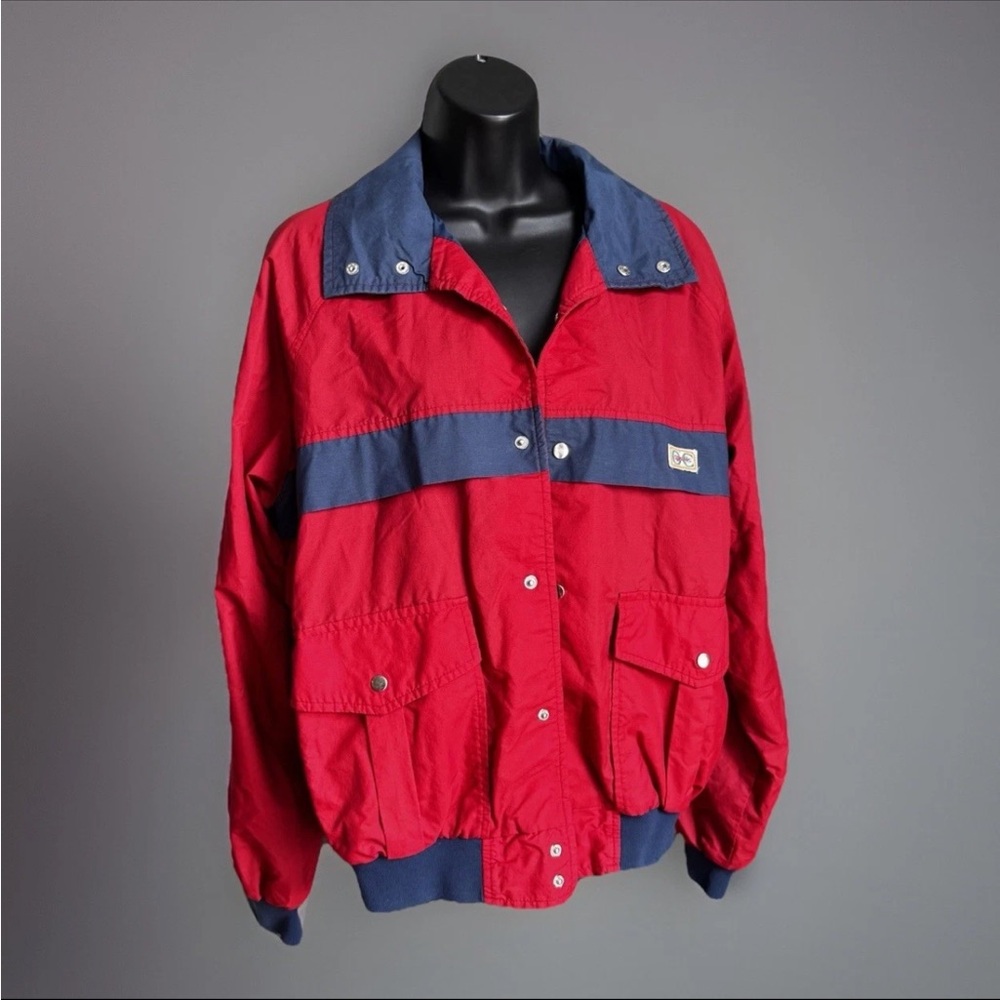 OUTDOOR EXCHANGE Men's Large Lightweight Bomber Jacket Windbreaker Red/Navy Vtg